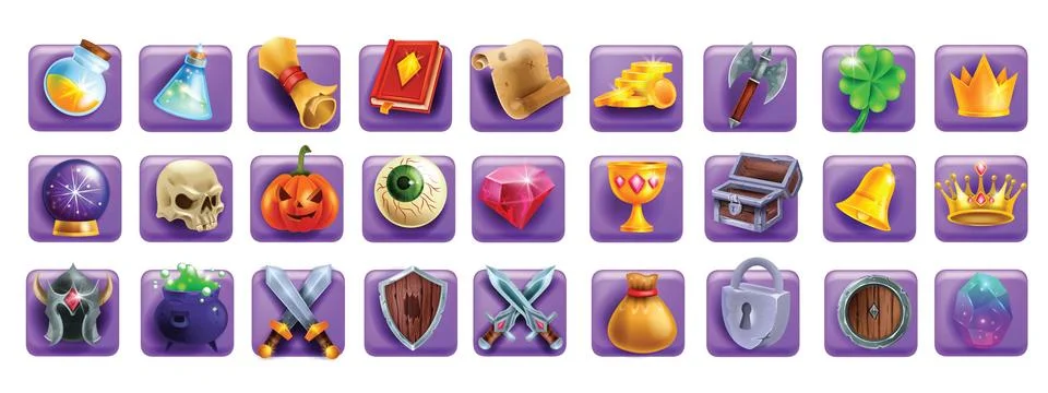 3D game icon set, magic UI badge kit, golden coin, witch potion Stock Illustration