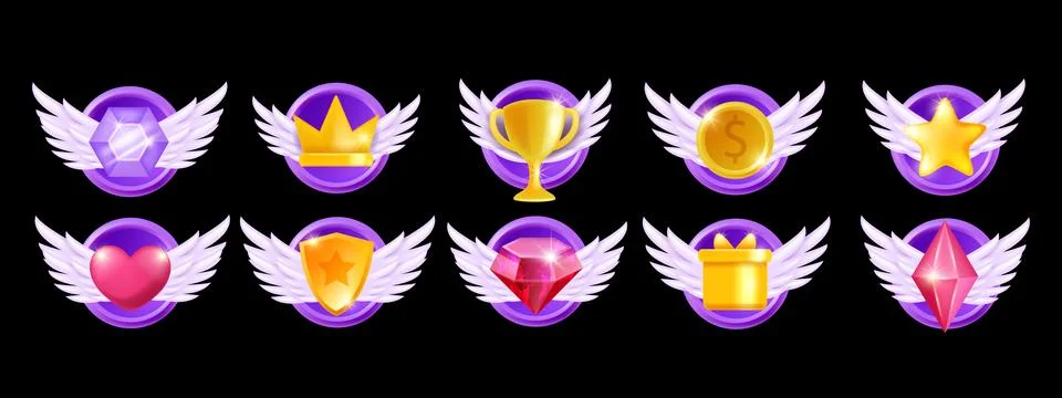 3D game icon set, vector cartoon casino UI kit, golden coin winner trophy Stock Illustration