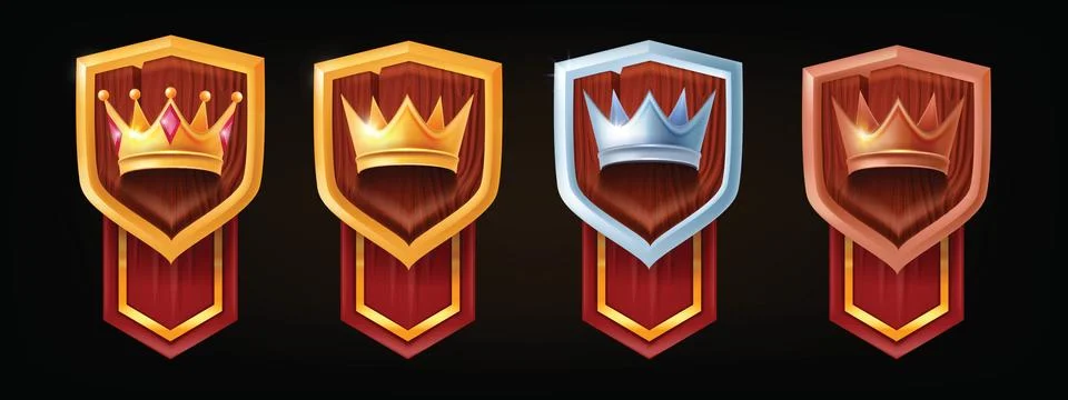 3D game shield badge vector set, level up medieval RPG royal crown Stock Illustration