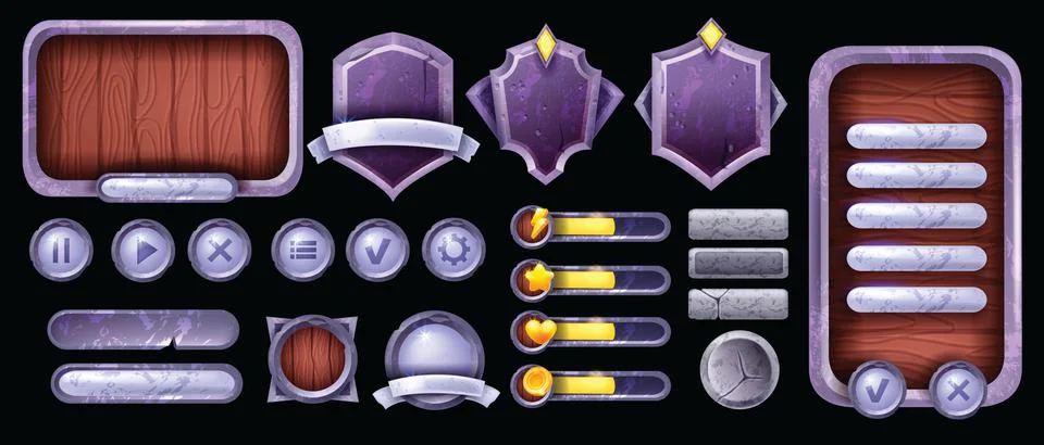 3D game UI stone frame set, vector fantasy medieval RPG rock button Stock Illustration