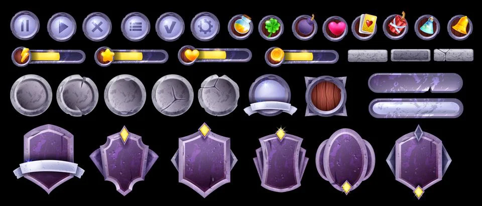 3D game UI stone frame set, rock menu background kit Stock Illustration