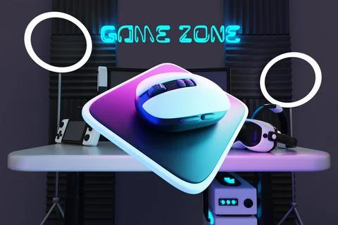 3d game zone with flying computer mouse on pad. Night room interior with pc on イラスト素材