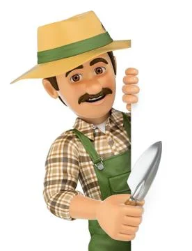 3D Gardener pointing aside. Blank space Stock Illustration
