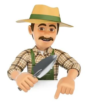 3D Gardener pointing down. Blank space Stock Illustration