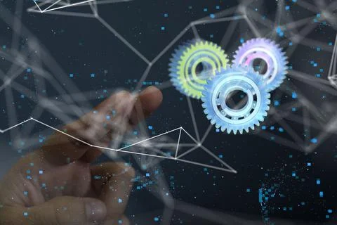 3d gear system data. Connecting lines and dots.Big data visualization Stock Photos