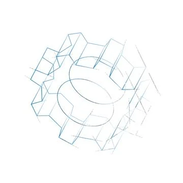 3D gear wheel. Vector rendering of 3d. Wire-frame style. Stock Illustration