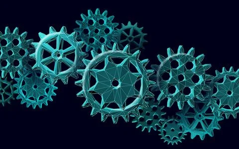 3D gears work progress concept. Wheel industry mechanism engineering teamwork Stock-Illustration