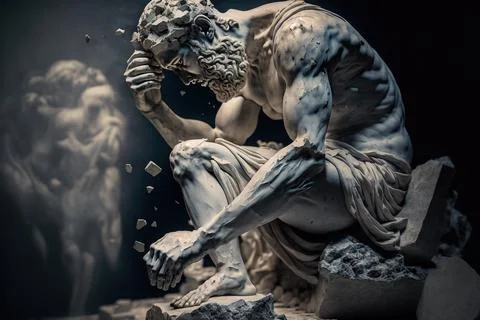3d Generated Ancient Greek Marble Statue Shrouded In Darkness Falling Apart Stock Illustration