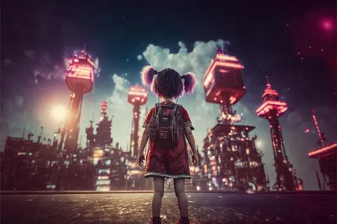 3d Generated Little Kid Looking At Big Futuristic Buildings Deep In Thought Ilustración de archivo