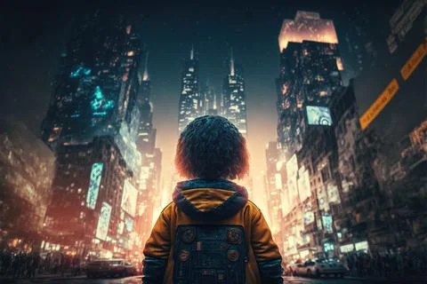 3d Generated Little Kid Looking At Big Futuristic Buildings Deep In Thought Ilustración de archivo