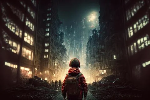 3d Generated Little Kid Looking At Big House Buildings Deep In Thought Rear View Ilustración de archivo