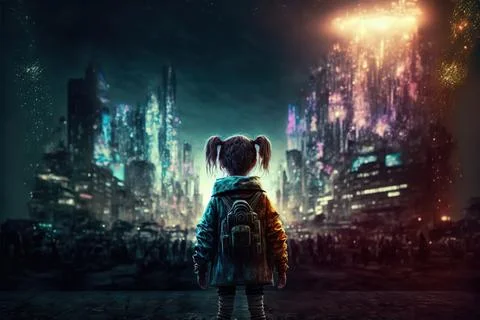 3d Generated Little Kid Looking At Big Futuristic Buildings Thinking About Life Ilustración de archivo