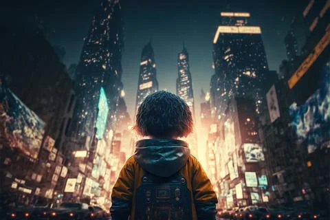 3d Generated Little Kid Looking At Big Futuristic Buildings Ilustración de archivo