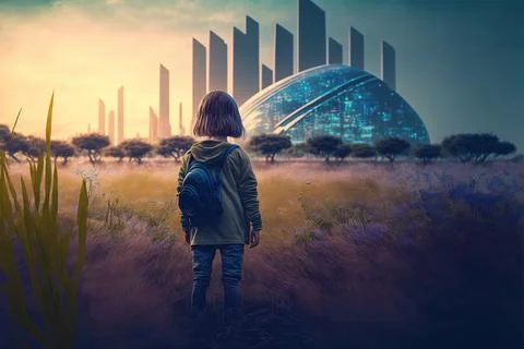 3d Generated Little Kid Taking Look At Big Castles Thinking About Life Rear View Stock Illustration