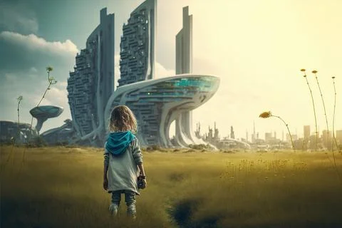 3d Generated Little Kid Taking Look At Big Castles Deep In Thought Rear View Stock Illustration