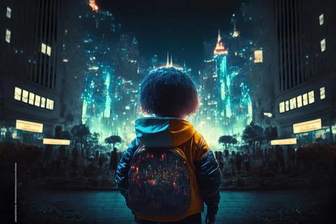3d Generated Little Kid Taking Look At Big Castles Deep In Thought Rear View Stock Illustration