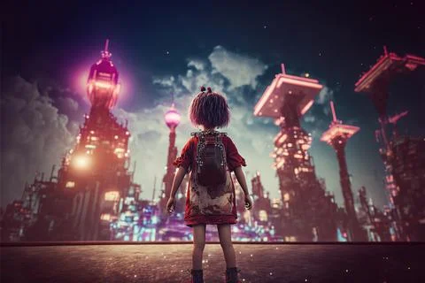 3d Generated Little Kid Taking Look At Big Castles Thinking About Life Modern Stock Illustration