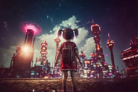 3d Generated Little Kid Taking Look At Big Castles Deep In Thought Rear View Stock Illustration