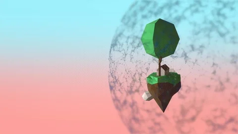 3D generated mini world, with small house under tree, floating in dream space. Stock Footage 125646507
