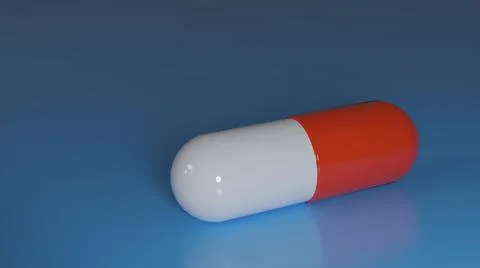 3D Generated red and white capsule medicine model isolated on blue background. Stock Illustration