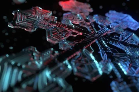 3d generated snowflake model with depth of field and glass .spheres around. Stock Illustration