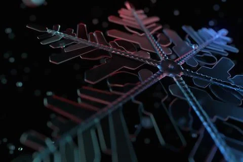 3d generated snowflake model with depth of field and glass .spheres around. Stock Illustration