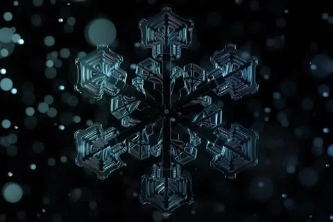 3d generated snowflake model with depth of field and glass .spheres around. Stock Illustration