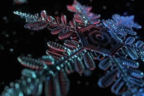 3d generated snowflake model with depth of field and glass .spheres around. Stock Illustration