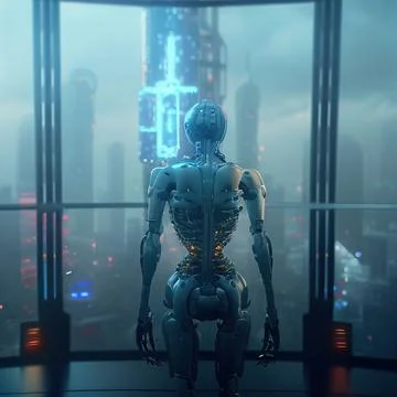 3d Generated Wide Shot Of The Back Of Biopunk Looking At Futuristic Buildings Ilustración de archivo
