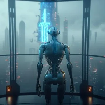 3d Generated Wide Shot Of The Back Of Biopunk Looking At Futuristic Buildings Ilustración de archivo