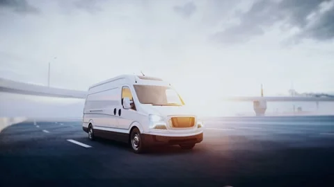 3d generic white delivery van on highway. Very fast driving. Delivery concept Stock-Footage 161092763