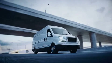 3d generic white delivery van on highway. Very fast driving. Delivery concept Stockbeeldmateriaal 161092868
