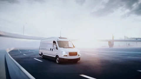 3d generic white delivery van on highway. Very fast driving. Delivery concept Stockbeeldmateriaal 161092899