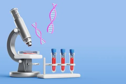 3d genetic engineering banner. Microscope with blood sample, DNA helix, test Illustrazione stock