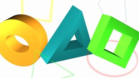 3D geometric bright blue triangle, green square, and golden circle shapes o.. Stock Illustration