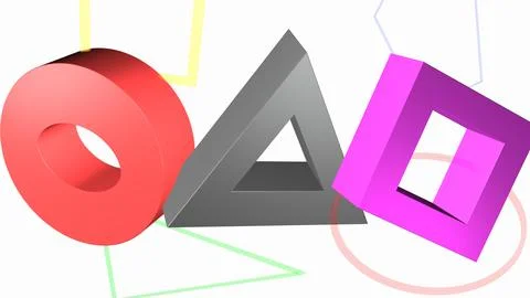3D geometric bright gray triangle, purple square, and red circle shapes on .. Illustrazione stock