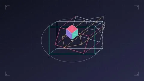 3D geometric cube with wireframe projection on dark background Stock Illustration