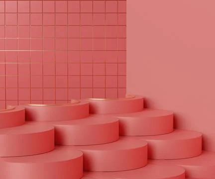 3d geometric forms. Coral pink podium. Fashion show stage,pedestal, with pa.. Stock-Illustration