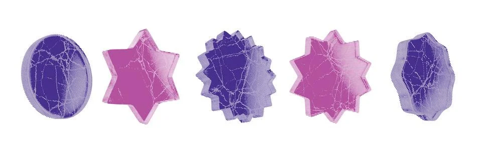 3D geometric icon set, vector photocopy print futuristic sticker, halftone イラスト素材