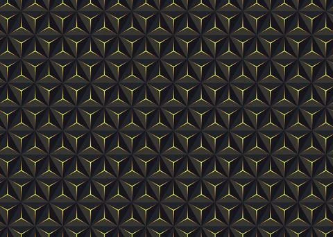 3D geometric pattern with gold light glowing triangles. Dark low poly trian.. Stock Illustration