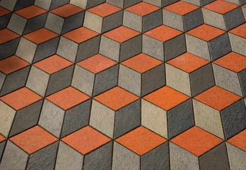 3D geometric paving block pattern and optical illusion floor texture Stock Photos