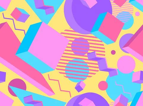 3d geometric seamless pattern in 80s memphis style. Colorful background with  Stock Illustration