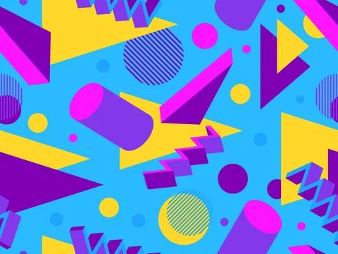 3D geometric seamless pattern in 80s style. 3d isometric triangles, zigzags.. Illustrazione stock