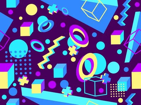 3D geometric seamless pattern in 80s style. 3d isometric triangles, zigzags.. Stock Illustration