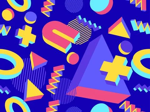 3D geometric seamless pattern in 80s style. 3d isometric triangles, zigzags.. イラスト素材