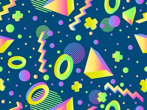 3D geometric seamless pattern in 80s style. 3d isometric shapes with gradie.. Stock Illustration