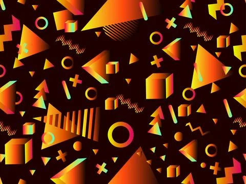 3D geometric seamless pattern in 80s style. 3d isometric shapes with gradie.. Stock Illustration