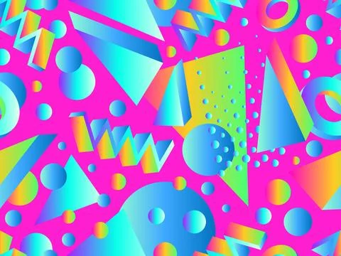 3D geometric seamless pattern in 80s style. 3d isometric shapes with gradie.. Stock Illustration