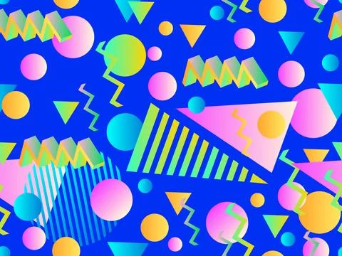 3D geometric seamless pattern in 80s style. 3d isometric shapes with gradie.. Stock Illustration
