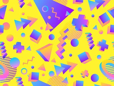 3D geometric seamless pattern in 80s style. 3d isometric shapes with gradie.. Stock Illustration